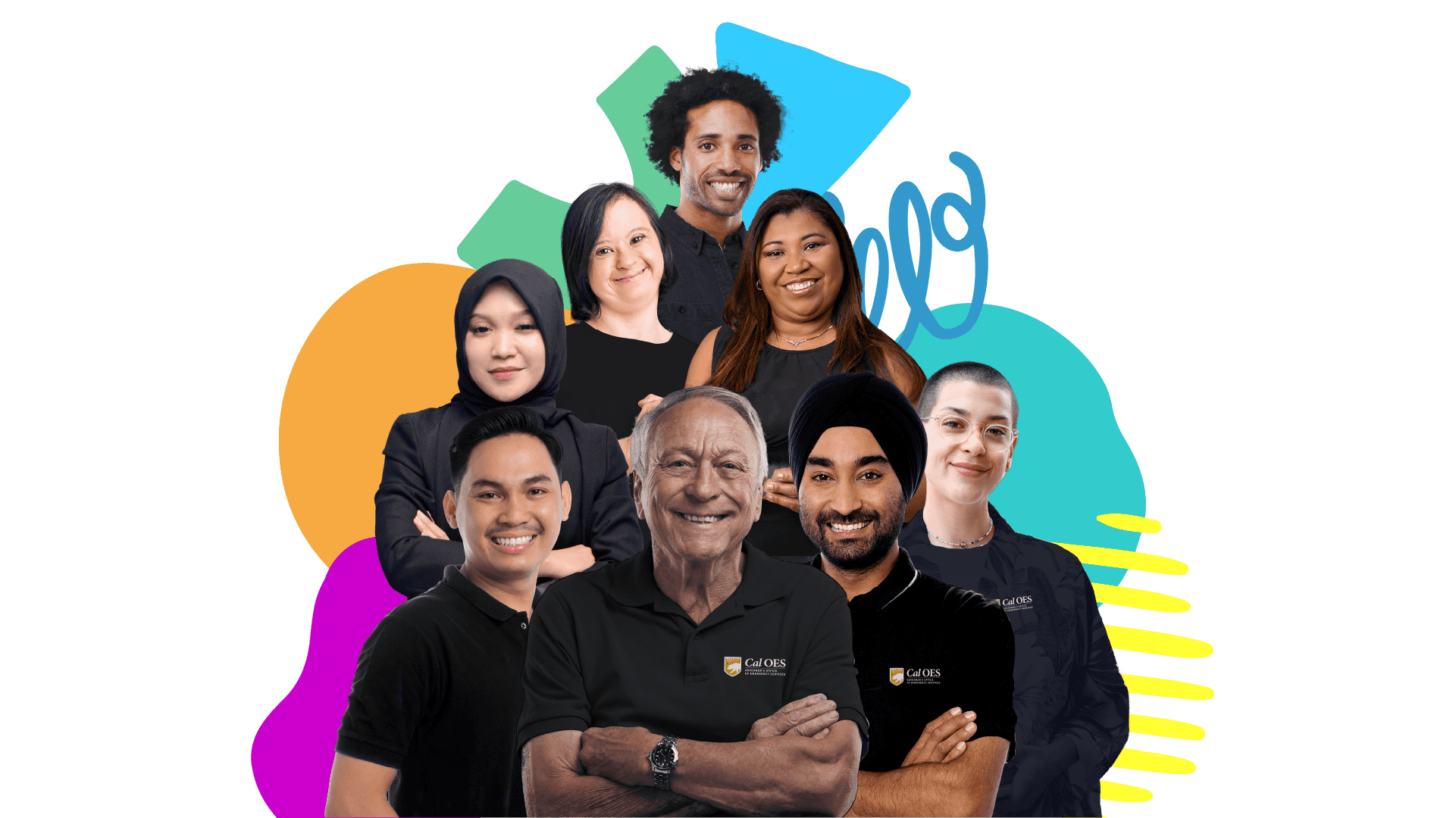 A diverse group of employees of different ages, genders, and racial and cultural backgrounds stand together smiling, wearing dark shirts with a Cal OES logo. They are positioned in front of a blue background with colorful abstract shapes, symbolizing inclusion, teamwork, and diversity.
