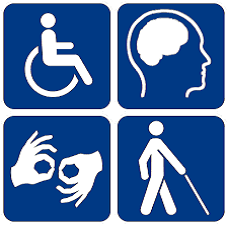 Pictogram of four disability symbols: the Wheelchair accessible, autism brain, sign language interpretation, and low vision accessible.