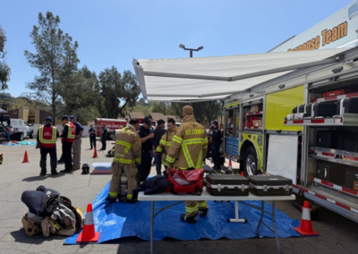 Firefighters using equipment from the hazmat vehicle.
