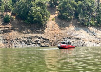 Fire boat on a lake.