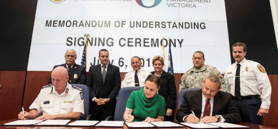 Memorandum of Understanding signing between Cal OES and Emergency Management Victoria. (Pictured from left to right: Craig Lapsley - Commissioner, Emergency Management Victoria; Jane Garrett - Minister for Emergency Services, State of Victoria; Mark Ghilarducci – Director, Cal OES)