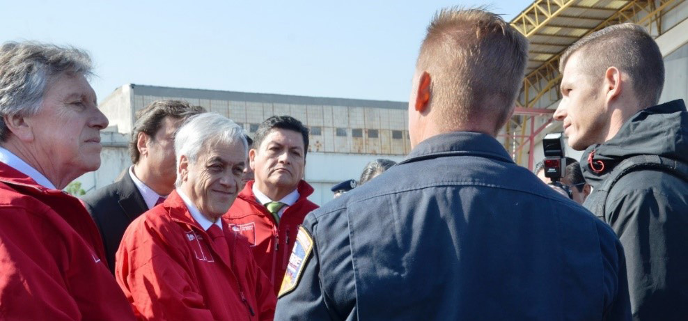  In 2019, Cal OES attended a conference in Chile on crisis communications. Pictured in the middle is Sebastián Piñera President of Chile. Also pictured are Brad Alexander, Cal OES Director of Media Operations, and Mike Mohler, Cal Fire Deputy Director of Communications.